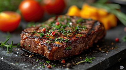 Poster -  a piece of steak sitting on top of a cutting board next to a pile of vegetables and a tomato on the side.