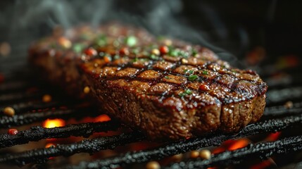 Canvas Print -  a close up of a steak on a grill with a lot of smoke coming out of the top of it.