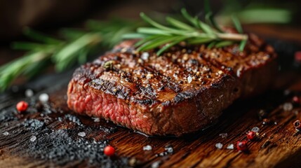 Poster -  a piece of steak sitting on top of a wooden cutting board with a sprig of rosemary on top of it.