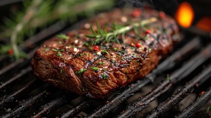 Canvas Print -  a close up of a steak on a grill with a sprig of rosemary on top of the steak.