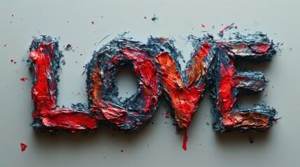 Wall Mural -  the word love is made up of red, black, and gray paint on a white background with the word love painted on it.