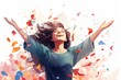 © Iftikhar alam - A joyful woman expressing excitement and success by raising her arms up in the air, Happy beautiful cheering woman covered by confetti, AI Generated
