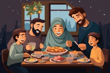 Wall Mural - A diverse group of individuals gathered around a table, enjoying a meal together, Happy arabic muslim family enjoying the food togther in ramadan, AI Generated