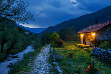 Wall Mural - House in the mountains at the evening, AI generated