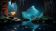 A nocturnal view of a bioluminescent cave system, showcasing the stunning glow of cave walls and stalactites under the ethereal light of phosphorescent organisms - Generative AI