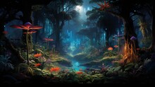 A Nocturnal View Of A Tropical Jungle With Glowing Bioluminescent Plants, Portraying The Mysterious And Enchanting Beauty Of A Nighttime Rainforest - Generative AI