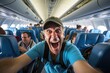A shocking image capturing a man on an airplane with his mouth wide open, Happy tourist taking selfie inside airplane, AI Generated