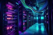 Large Room Filled With Purple and Green Wires, Order Amidst Chaos, Internet cables and wires in server room with switch in company on the development of a quantum computer, AI Generated