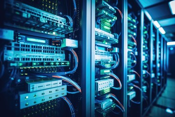 Poster - row of servers in a server room, efficient data storage and processing solution, internet cables and