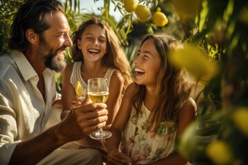  A man and two girls happily hold glasses of wine at a joyful celebration, Laughing family making a toast in summer, AI Generated