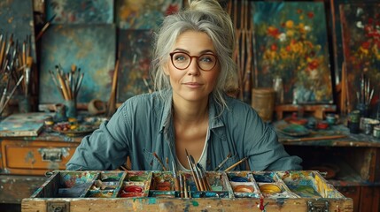 Creative female artist in studio surrounded by colorful paintings and brushes