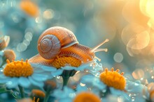 Beautiful Little Snail Sleeps On A Flower In Spring. Small Snail On A Flower In Soft, Sweet Tones In A Composition Of Peace And Fantasy.