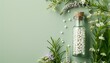 banner showing homeopathic beads in a glass bottle on a light green background, copy space, background, herb, flower