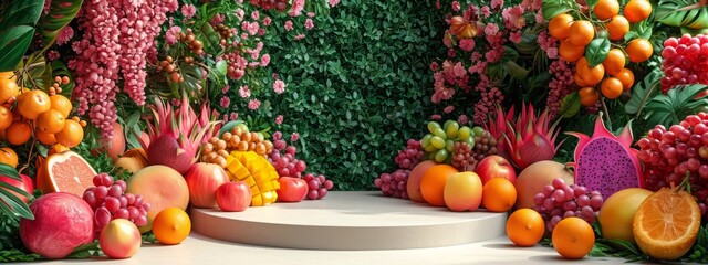 Fruit podium background product citrus beauty vitamin orange cosmetic lemon summer. Podium fruit health peach platform background concept stand presentation mockup plant display food juice scene stage