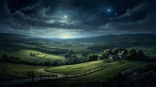 A Peaceful Countryside Scene With Rolling Hills And A Starry Night Sky, Capturing The Serene Ambiance Of A Nighttime Rural Landscape. - Generative AI