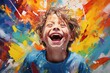© Iftikhar alam - A painting capturing a young boys pure delight as he finds himself in a moment of uncontrollable laughter, Happy laughing boy smeared in colourful paint, AI Generated