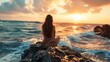 Woman with long flowing hair, sitting on a rock and gazing at the horizon on a serene beach generative ai