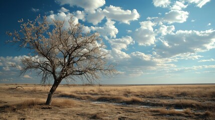 Wall Mural -  Solitary Almond Tree in a Boundless Desert Landscape - AI Generative