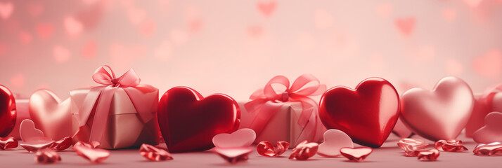 Wall Mural - Valentine's Day banner with gift boxes and hearts on blurred background. Panoramic web header. Wide screen wallpaper
