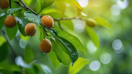 Wall Mural - Green and ripe brown Ziziphus jujuba fruits with leaves on a Chinese date branch. Green leaves of Chinese date on a background of green leaves. Close-up. Exotic fruit jelly tree. Nature concept.   
