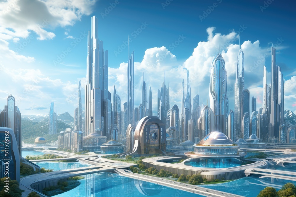 A city of the future, surrounded by water and dominated by towering ...