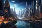 Fototapeta Nowy Jork - Futuristic City With River, An Impressive Urban Landscape Embracing Nature, Highly detailed rendering of a modern cityscape featuring buildings and skyscrapers, AI Generated