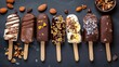 Ice cream on stick coated with various chocolate glazes and toppings. Top view, flat lay. Close up shot.    
