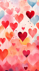 Wall Mural - Valentine's day watercolor abstract hearts background card, delightful boho illustration, artistic doodle
