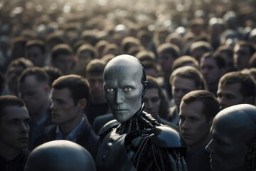 Poster - A diverse group of individuals smiling and posing for a photo while standing closely next to each other, Humanoid robot observed in a crowd, presented in a toned 3D rendering image, AI Generated