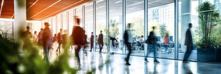 Wall Mural - Businesspeople walking at modern office. Concept work process. Business workplace with people in walking in blurred motion in modern office space.