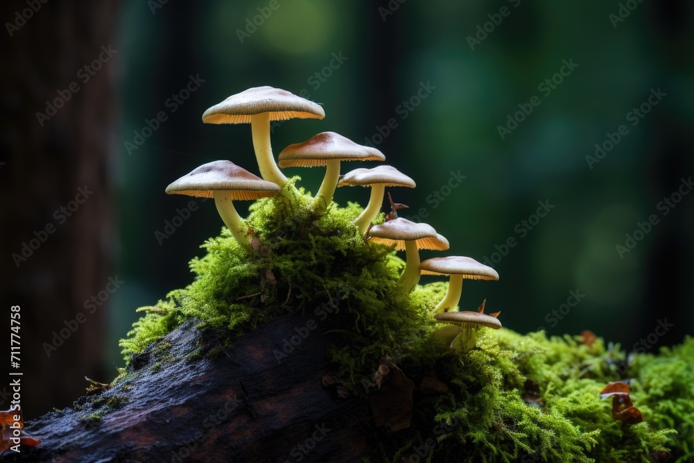 A cluster of diverse mushrooms growing on top of a log covered in green ...