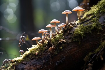 Canvas Print - A group of mushrooms sits on top of a tree branch, creating a unique and natural sight, Little fungus growing on a mossy tree, side view, AI Generated