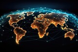 Fototapeta  - A visual representation of global networks showcased through lines and dots on a map of the world, Global network connection on a world map hologram, black background, AI Generated