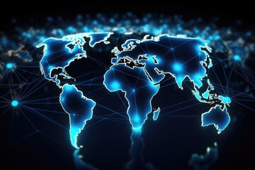 Poster - this image depicts a world map illuminated by blue lights, showcasing global connectivity and activi