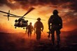 A cohesive group of soldiers walking towards a waiting helicopter after completing a mission, Infantry soldiers and helicopters on a sunset background, anonymous faces, AI Generated