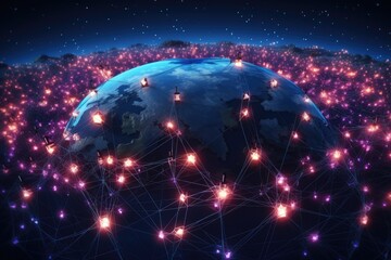 Poster - interconnected network surrounds the globe, showing linkages and communication, global network block