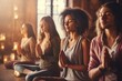 A community of women deep in meditation during a yoga class, Group of young people practicing yoga In the prayer position, AI Generated