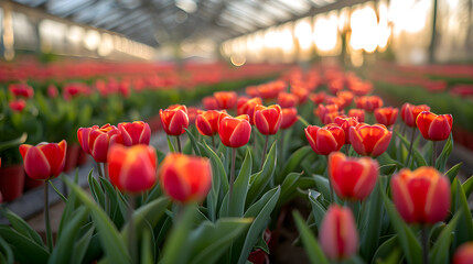 Poster - greenhouse with flowering tulips