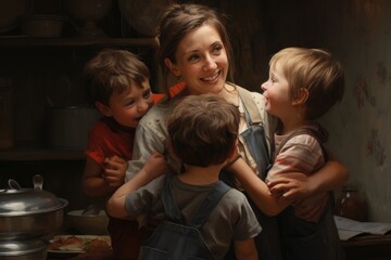 A diverse group of children standing side by side, smiling and enjoying their time together in a grassy field, Little children congratulating and hug mother in kitchen, AI Generated