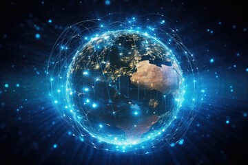 Poster - an image showcasing the earth encircled by intricate patterns of lines and dots, globe encased in a 