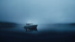 Motorboat in misty dark water in twilight. Solitary boat with a glowing light parked in a quiet, mysterious dark lake. Nighttime marine landscape, eerie atmosphere, nostalgic mood.