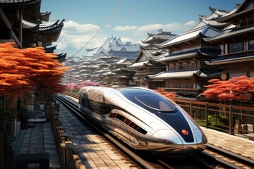 Poster - A train is seen moving through a busy train station located amidst towering buildings, High-speed bullet train zipping past traditional housing structures, AI Generated