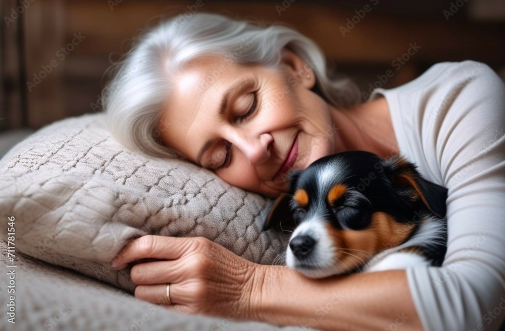 Old woman with grey hair asleep with small dog in her arm in bed at ...