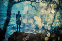 Double Exposure Of A Man Silhouette And A Lake - AI Generative