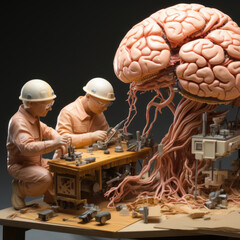 Wall Mural - Small figures repair a huge human brain