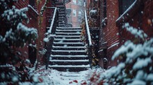 Snowbound Alleys, Close-Up Of Fire Escape Stairs Laden With Snow, Old Brick Buildings In Soft Focus, Highlighting The Overlooked Corners Of The City In Winter.