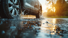 The Car Drives Through Puddles After The Rain. Close-up Of Car Tires And Splashes Of Water On Wet Asphalt In The Rain. Driving Extreme