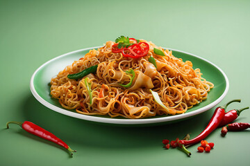 fried noodles on a light green background