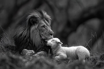 Canvas Print - Lion resting beside a peaceful lamb, symbolizing the harmony and peace found in the Kingdom of God.