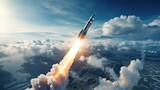 Fototapeta  - 3D of A combat rocket is flying above the clouds.Generative AI